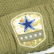 The Cowboys Logo on the Women’s Dallas Cowboys Salute To Service Ribbon Rubber Military Cowboys Patch On Field NFL Beanie | Women’s Military Green Beanie
