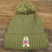 The backside of the Women’s Dallas Cowboys Salute To Service Ribbon Rubber Military Cowboys Patch On Field NFL Beanie | Women’s Military Green Beanie