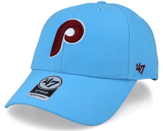 The Cooperstown Philadelphia Phillies Vintage Maroon 1980s Logo Dad Hat with Gray Bottom | Columbia Blue Dad Hat