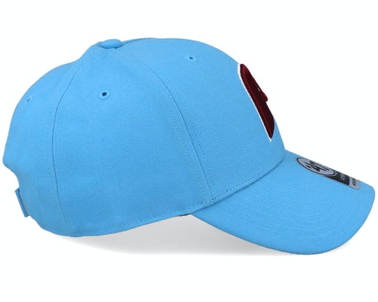 The wearer's left on the Cooperstown Philadelphia Phillies Vintage Maroon 1980s Logo Dad Hat with Gray Bottom | Columbia Blue Dad Hat