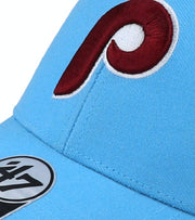 The Phillies Cooperstown Logo on the Cooperstown Philadelphia Phillies Vintage Maroon 1980s Logo Dad Hat with Gray Bottom | Columbia Blue Dad Hat