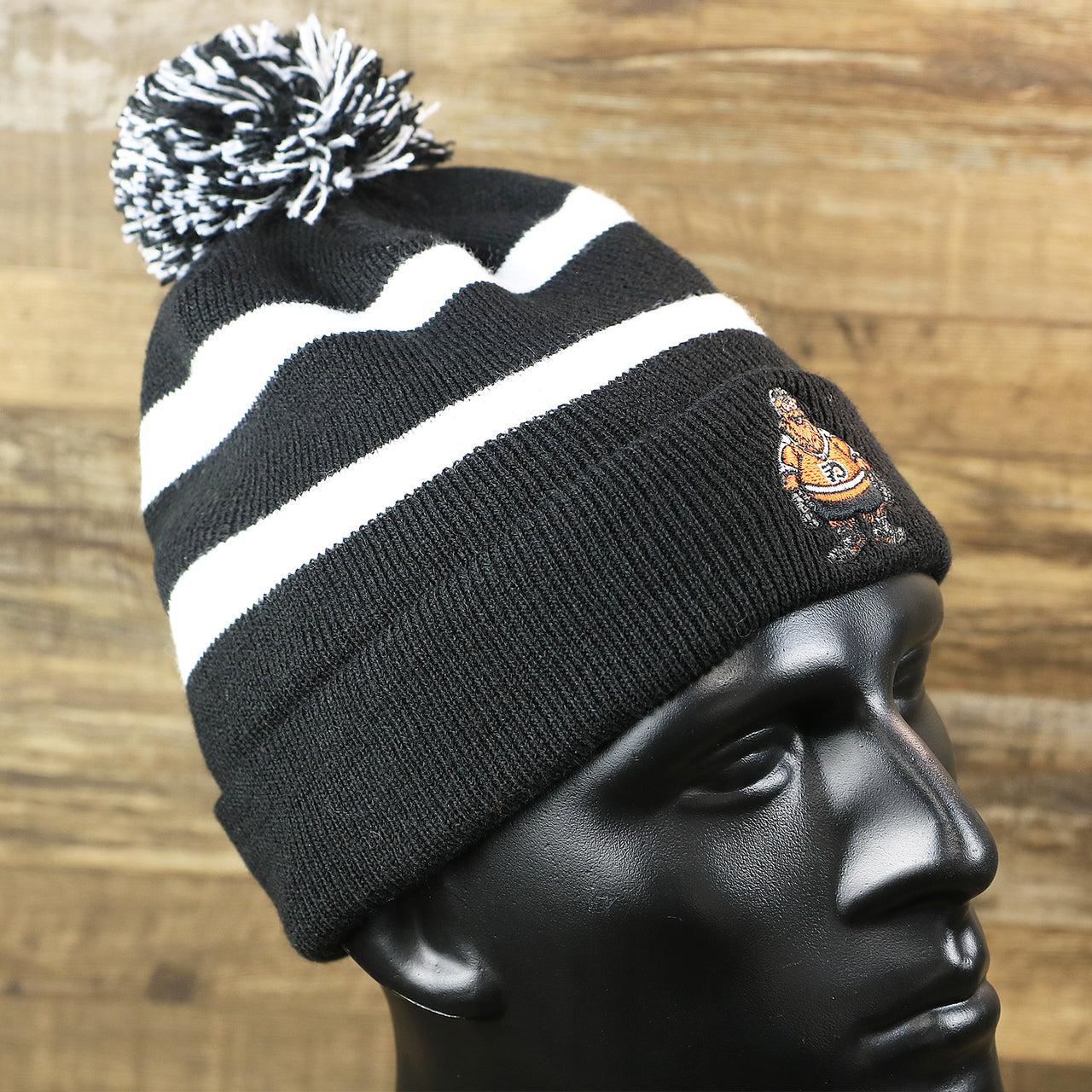 The Philadelphia Flyers Mascot Gritty Black And White Striped Cuffed Pom Pom Winter Beanie | Black Winter Beanie