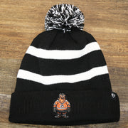 The front of the Philadelphia Flyers Mascot Gritty Black And White Striped Cuffed Pom Pom Winter Beanie | Black Winter Beanie