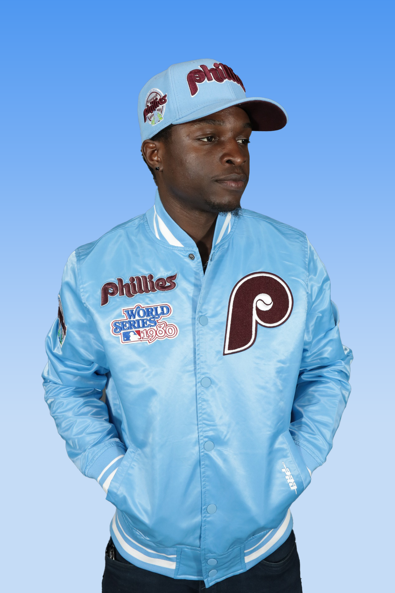 Philadelphia Phillies Cooperstown Phillies City Hall Logo 1980 World Series Patch Retro Classic Rib | University Blue Satin Varsity Jacket