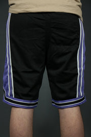The black purple sacramento men's mesh basketball shorts by Jordan Craig.