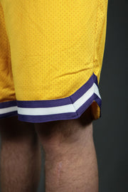 The yellow Los Angeles men's mesh basketball shorts with purple stripes.