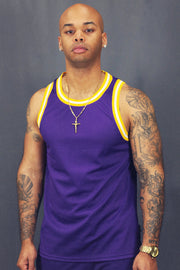 Front of the Men's Sleeveless Basketball Shirt Muscle Workout Purple Los Angeles Mesh Tank Top