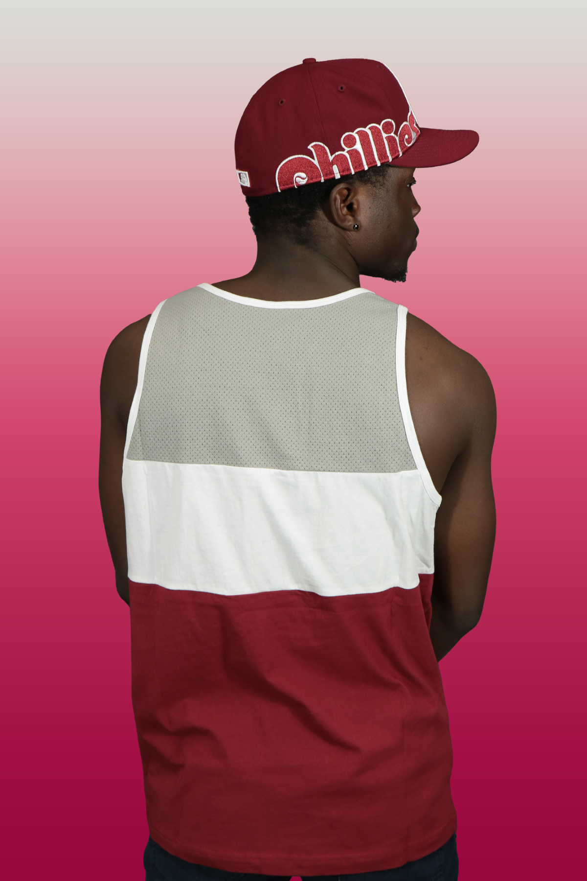 back of the Philadelphia Phillies Cooperstown "Phillies" Script | Grey/White/Maroon Cotton Tank