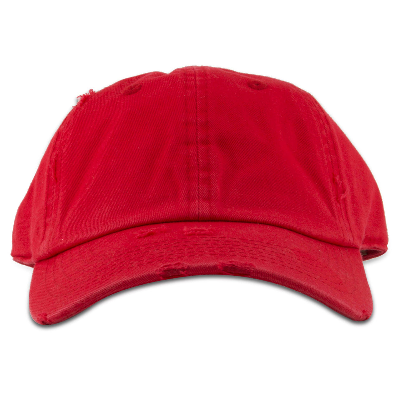 The red youth blank distressed dad hat has a soft crown and a bent brim