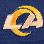 Close up on the front of the Los Angeles Rams "Patch Up" 1990 Pro Bowl Side Patch Gray Bottom 59Fifty Royal Fitted Cap