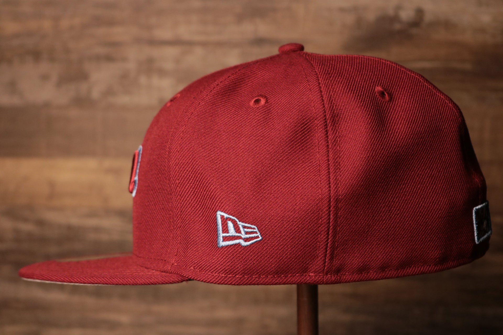 Grey Bottom Fitted Cap | Jawn Burgundy Gray Bottom Fitted Hat the wearers lefy side has the new era logo