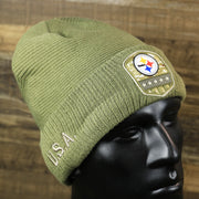 The Pittsburgh Steelers Salute To Service Ribbon Rubber Military Steelers Patch On Field NFL Beanie | Military Green Beanie
