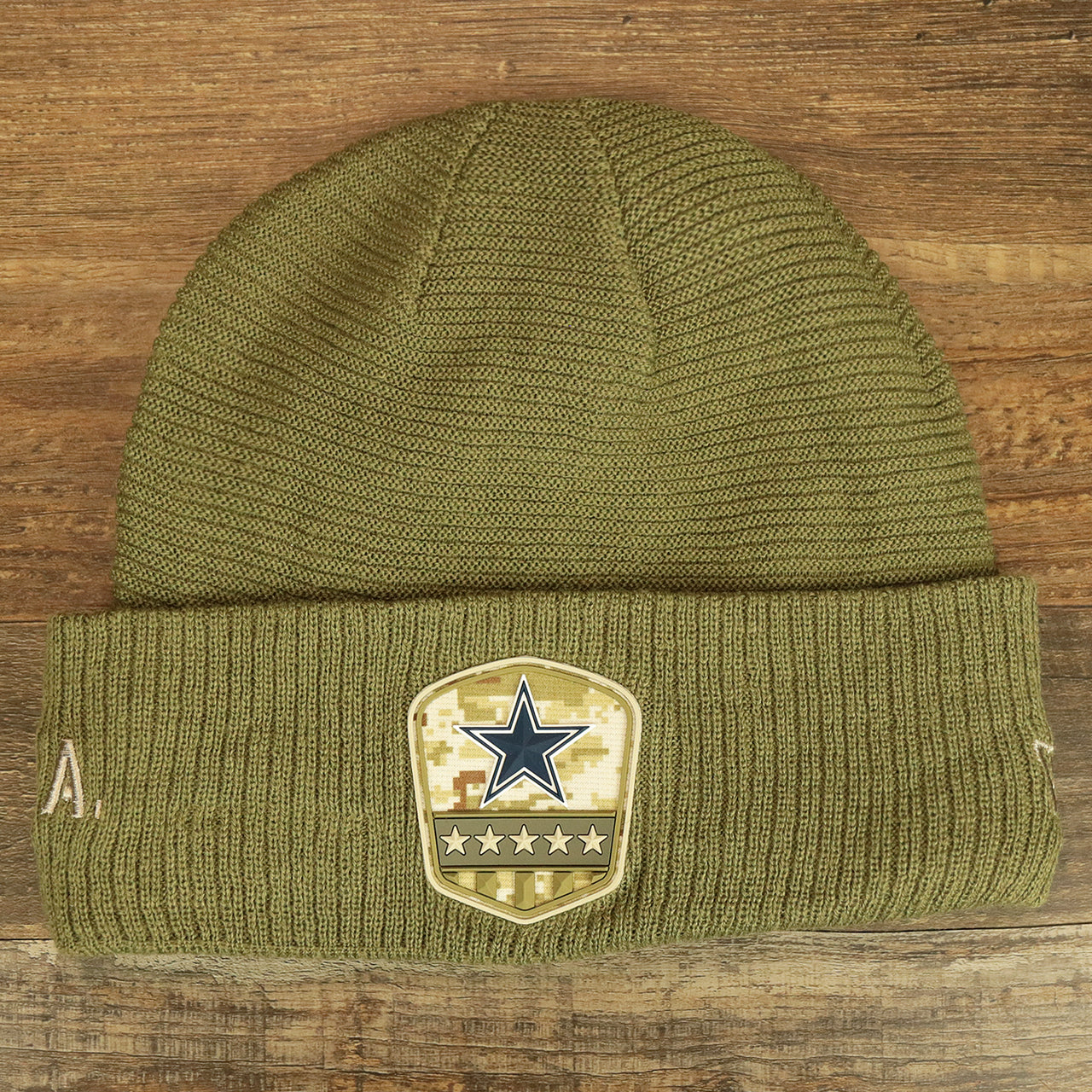 The Dallas Cowboys Salute To Service Ribbon Rubber Military Cowboys Patch On Field NFL Beanie | Military Green Beanie