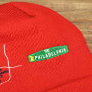 The Philadelphia Street Sign on the Philadelphia Phillies "City Transit" 59Fifty Fitted Matching All Over Side Patch Beanie