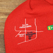 The South Philadelphia East Patch on the Philadelphia Phillies "City Transit" 59Fifty Fitted Matching All Over Side Patch Beanie
