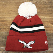 The front of the Throwback Philadelphia Eagles White Logo Striped Cuffed Winter Beanie | Maroon Winter Beanie