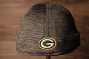 The backside of this packers cap has the packers logo Packers 2020 Training Camp Flexfit | Green Bay Packers 2020 On-Field Grey Training Camp Stretch Fit