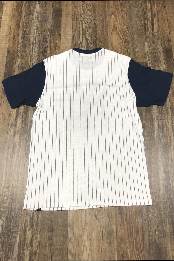 back shot Yankees Vintage T-Shirt | New York Yankees Retro White Short Sleeve | Yankees Throwback White/Navy Pinstriped Shirt