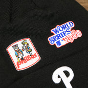 The Phillies World Series Patch and Phil And Phyllis Patch on the Philadelphia Phillies All Over World Series Side Patch 2x Champion Knit Cuff Beanie | New Era, Black