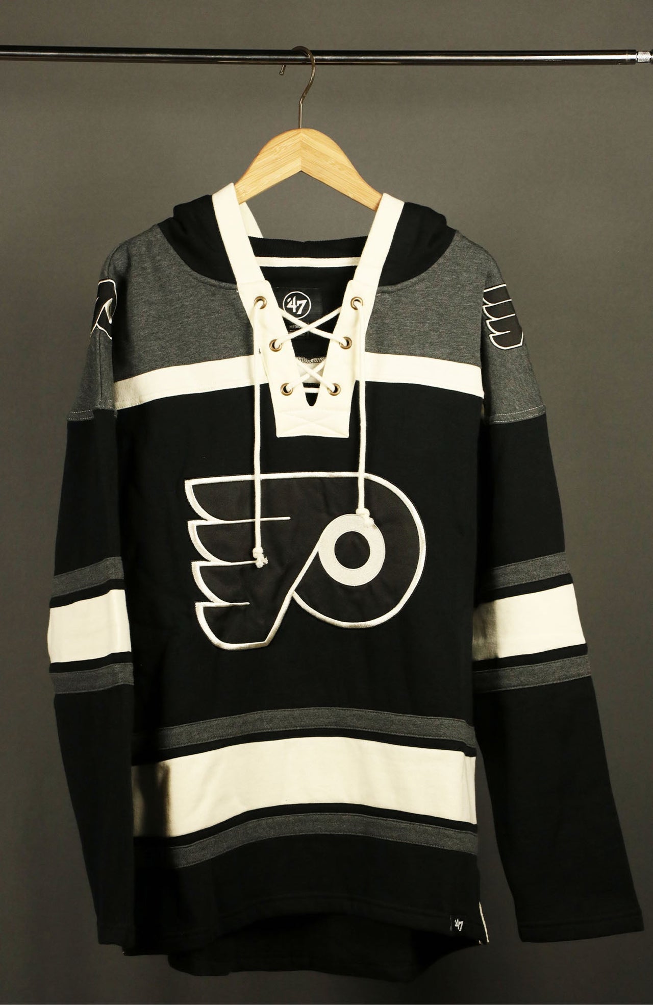 front view of the Philadelphia Flyers Vintage Hockey 47 Lacer Hoodie |  Black, Gray, White
