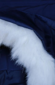 Faux Vegan Fur Hood Navy Bandanna Print Jacket | Classic Paisley Pattern Winter Jacket | Faux Vegan Fur Hood