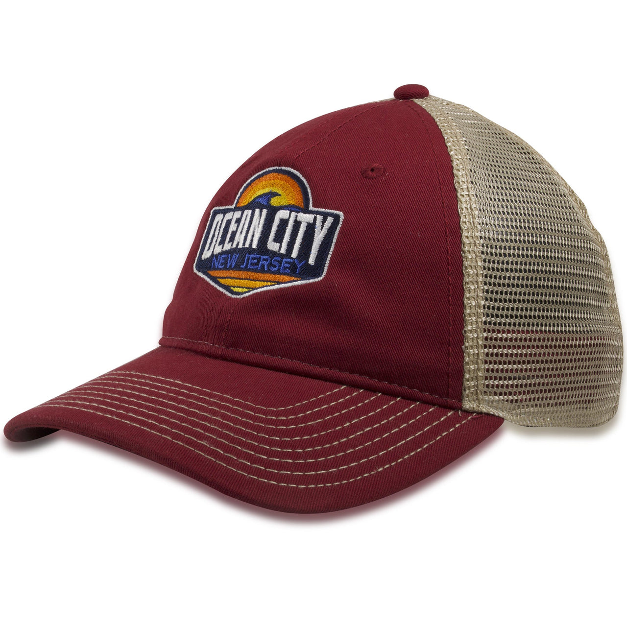 Ocean City, New Jersey Sunset Wave Cardinal Red / Khaki Mesh-Back Trucker Snapback Hat