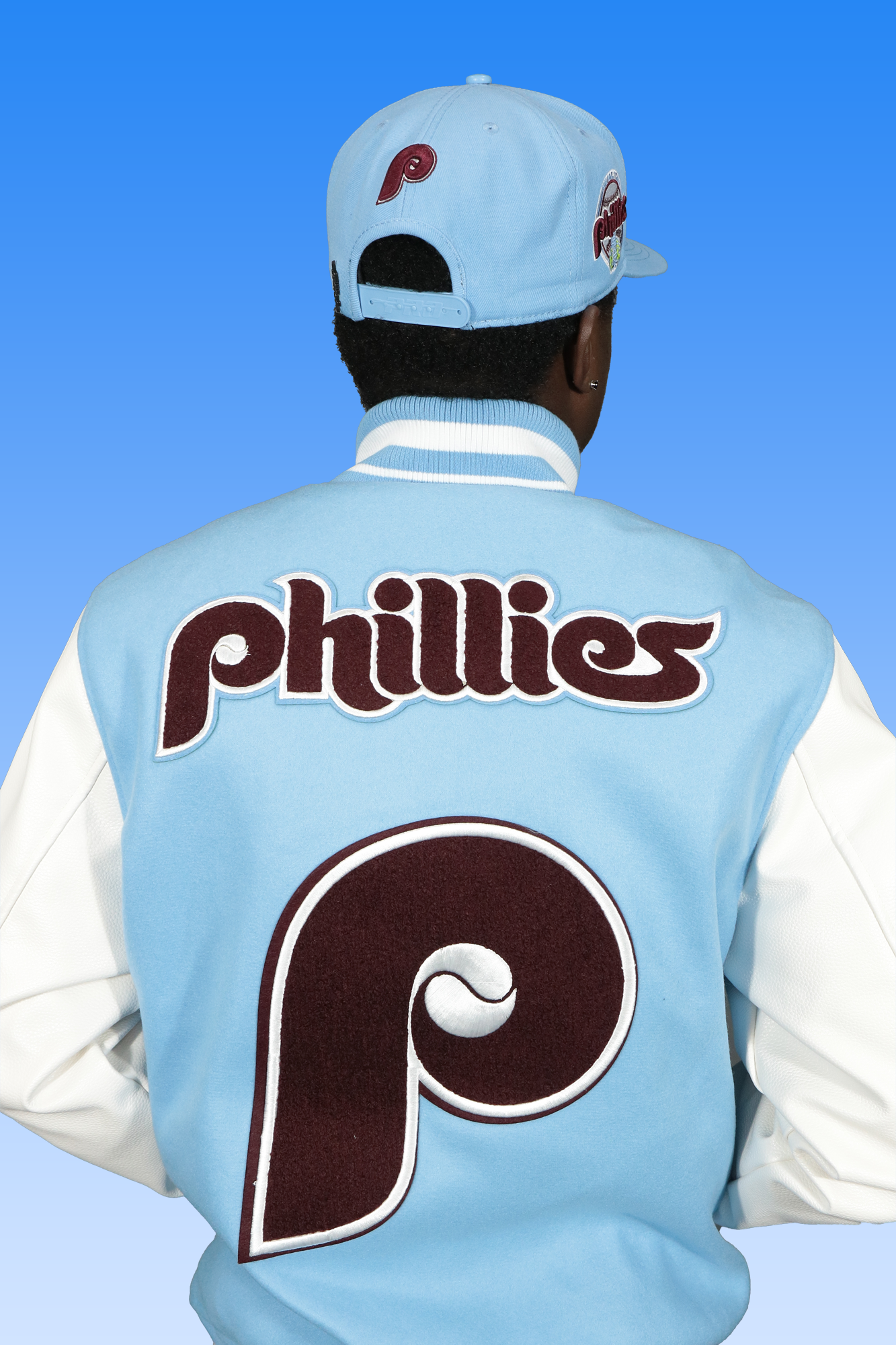 back of the Philadelphia Phillies Cooperstown Phillies City Hall Logo 1980 World Series Patch Retro Classic Rib | University Blue/White Wool Varsity Jacket