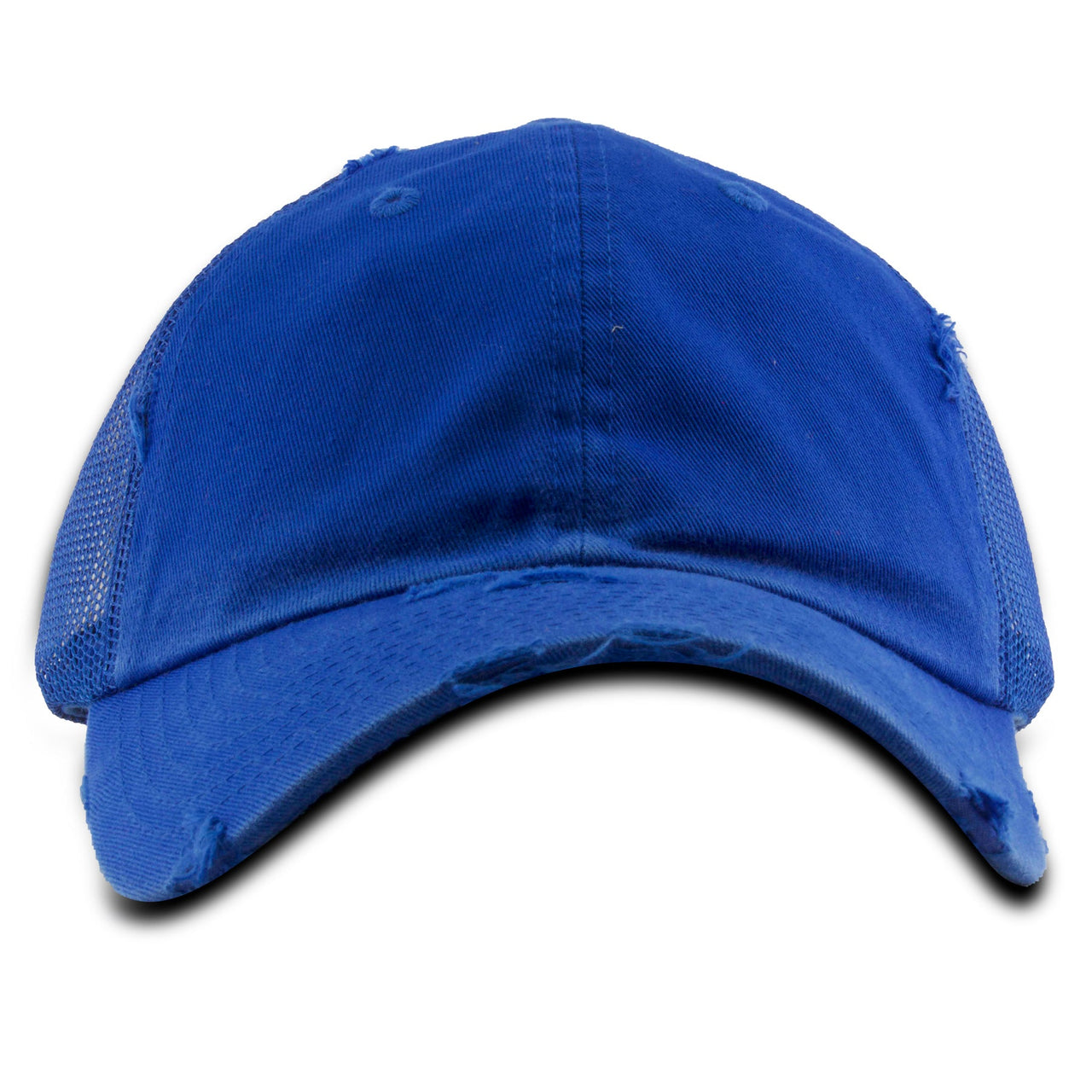 The blue mesh-back distressed blank snapback dad hat hat an unstructured crown and a bent brim