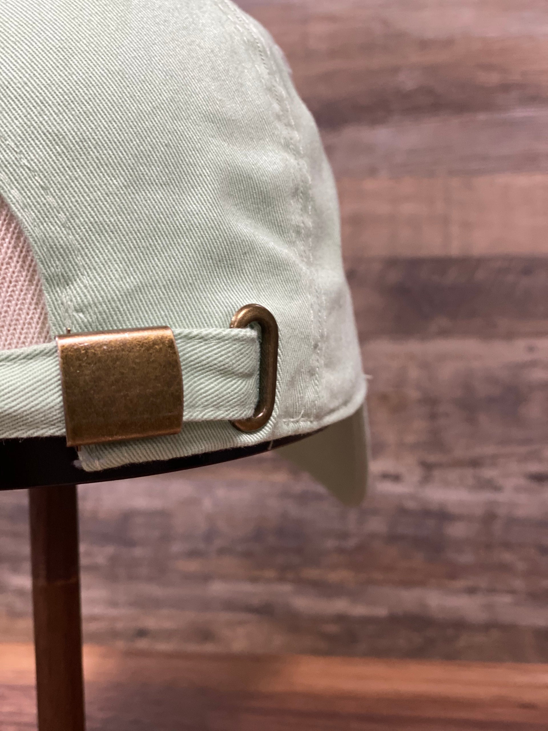 buckle view of Sage Blank Dad Hat | Embroidery and Brand start up ball cap