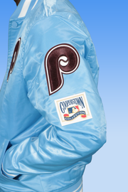 cooperstown label on the Philadelphia Phillies Cooperstown Phillies City Hall Logo 1980 World Series Patch Retro Classic Rib | University Blue Satin Varsity Jacket