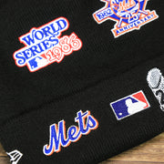 The Mets Wordmark on the New York Mets All Over World Series Side Patch 2x Champion Knit Cuff Beanie | New Era, Black