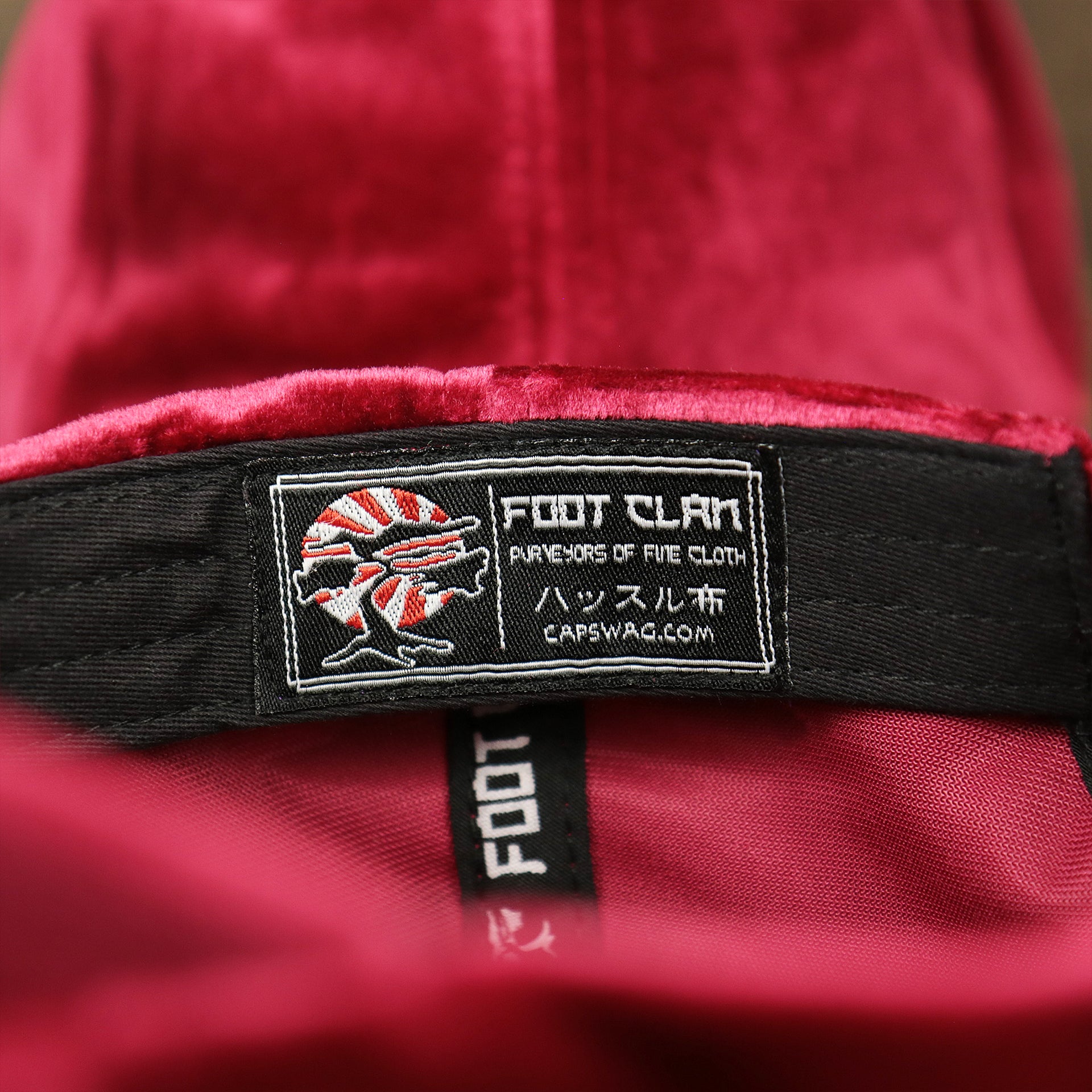 The Foot Clan Tag on the Velour Blank Ox Blood Baseball Hat | Dark Red Dad Hat