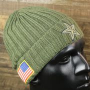 The Youth Dallas Cowboys on Field Salute To Service Ribbon American Flag Side Patch Winter Beanie | Kid’s Olive Green Winter Beanie
