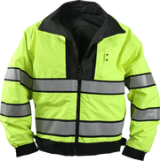 the Police | Reversible Reflective Customizable Rain Coat | Black and Safety Green ANSI Certified Scotchlite Rain Jacket  has a black collar and silver grey gray stripes