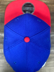 top button view of sixers snapback hat | 76ers colorway 950 snapback | Blue and red 76er snapback