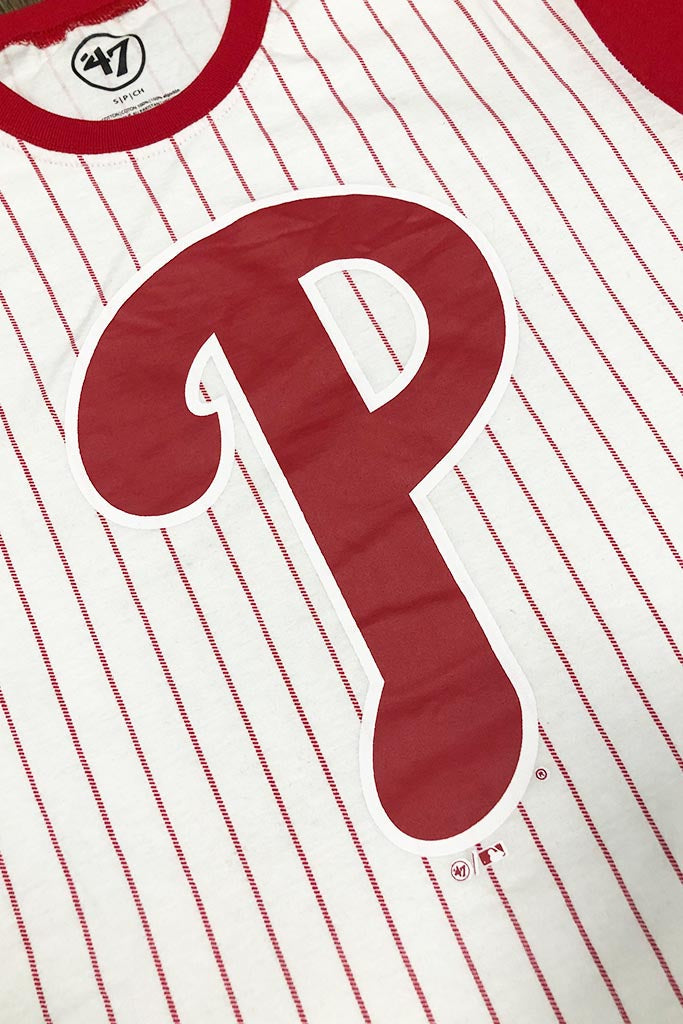 logo shot Phillies Vintage T-Shirt | Philadelphia Phillies Retro White 3/4 Sleeve | Phillies Throwback White/Red Pinstriped 3/4 Sleeve Shirt