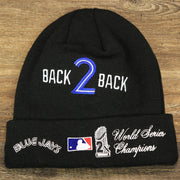 The backside of the Toronto Blue Jays All Over World Series Side Patch 2x Champion Knit Cuff Beanie | New Era, Black