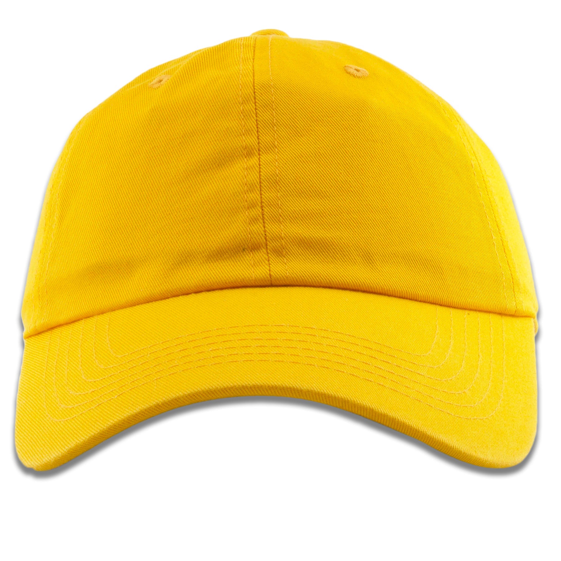 The yellow blank adjustable dad hat has a soft yellow crown and a bent brim