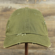 The front of the Olive Green Low Crown Distressed Adjustable Blank Baseball hat | Dark Green Dad Hat