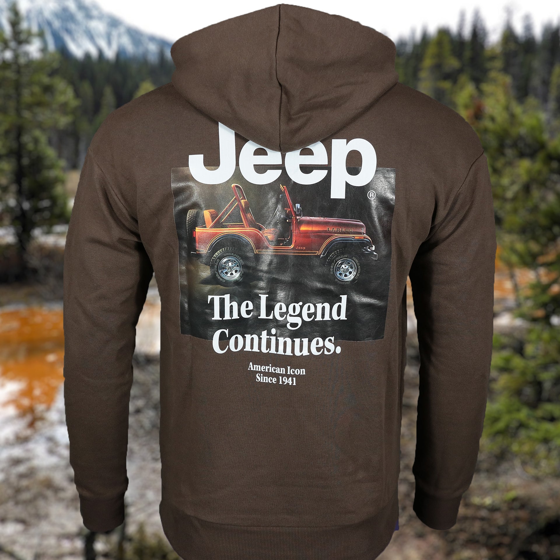 back side of the jeep laredo graphic on the Jeep Laredo Seal Brown Vintage Graphic Hoodie | Jack & Jones Jeep Pullover Hoodie