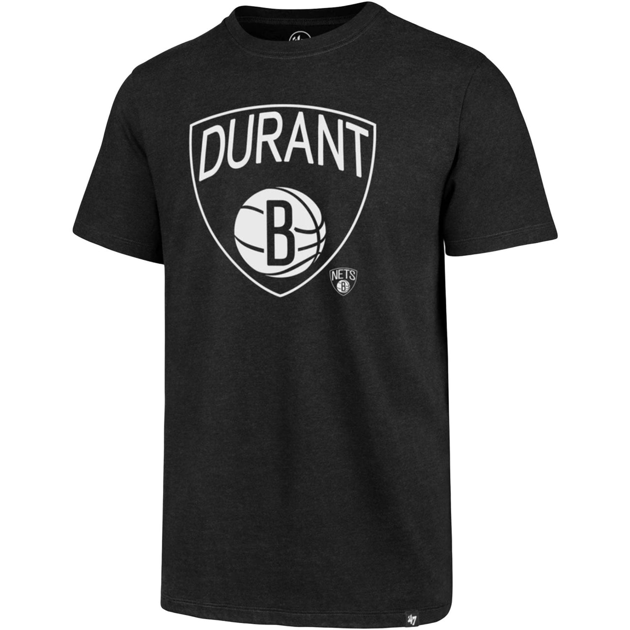 Printed on the front of the Durant Shield Brooklyn Nets t-shirt is the Nets logo with the name Durant in white