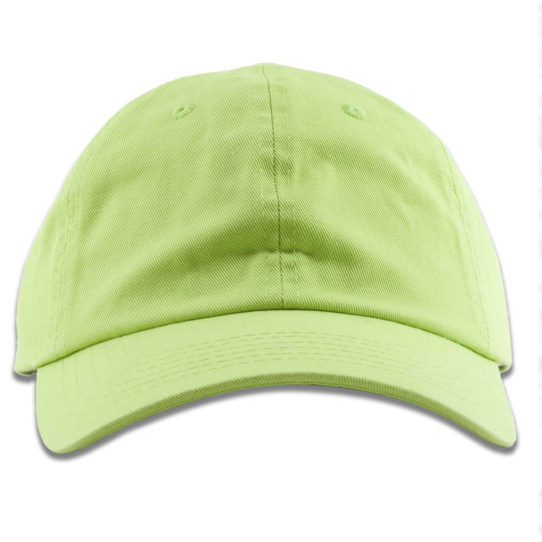 The lime green blank baseball cap is lime green with an unstructured crown and a bent brim