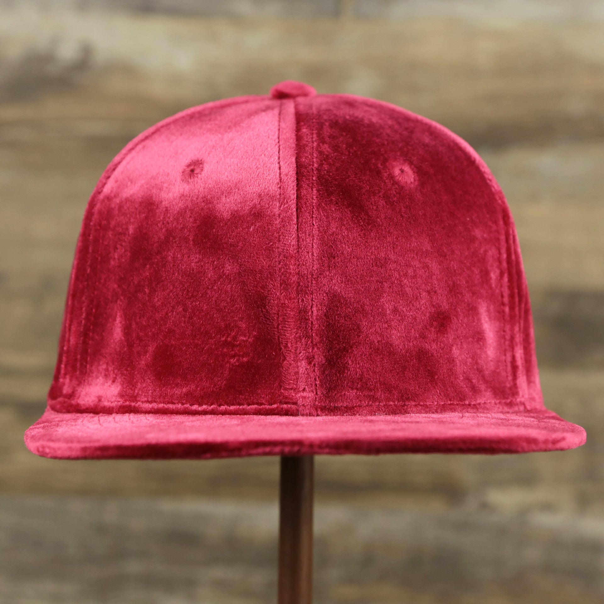 The front of the Velour Blank Ox Blood Snapback Cap | Dark Red Snap Cap