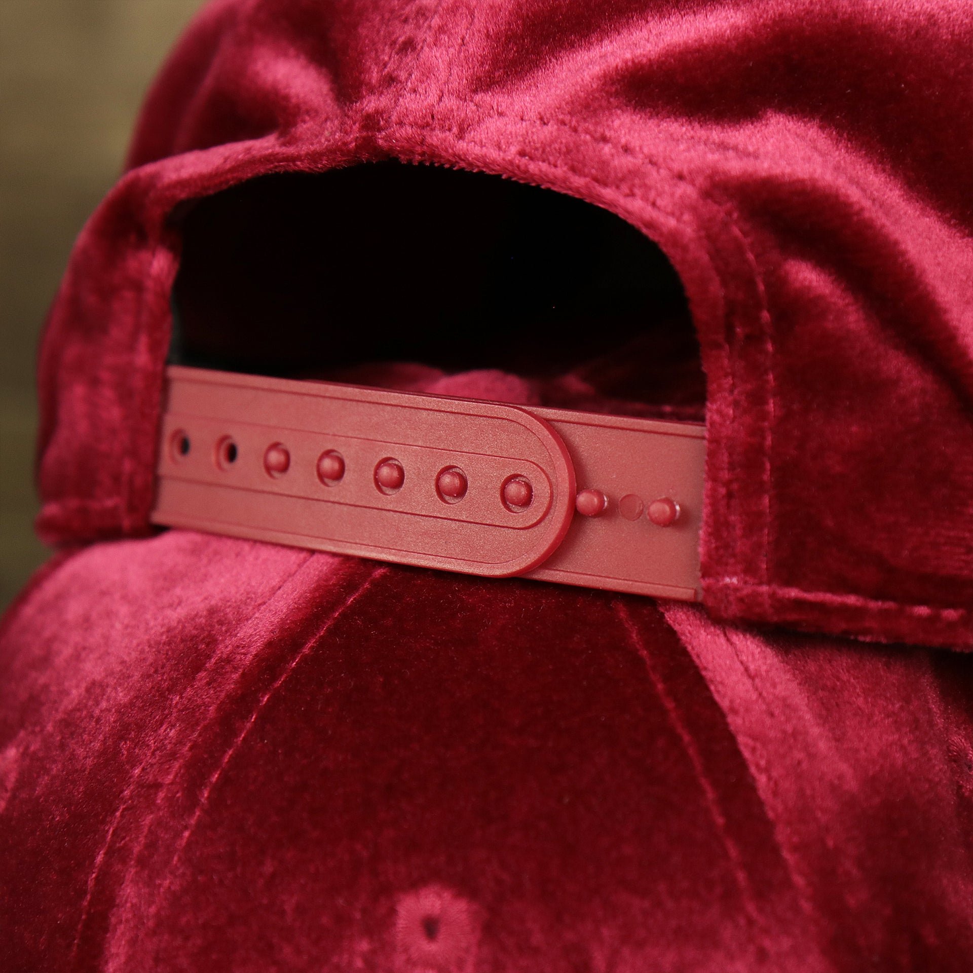 The Red Adjustable Strap on the Velour Blank Ox Blood Snapback Cap | Dark Red Snap Cap