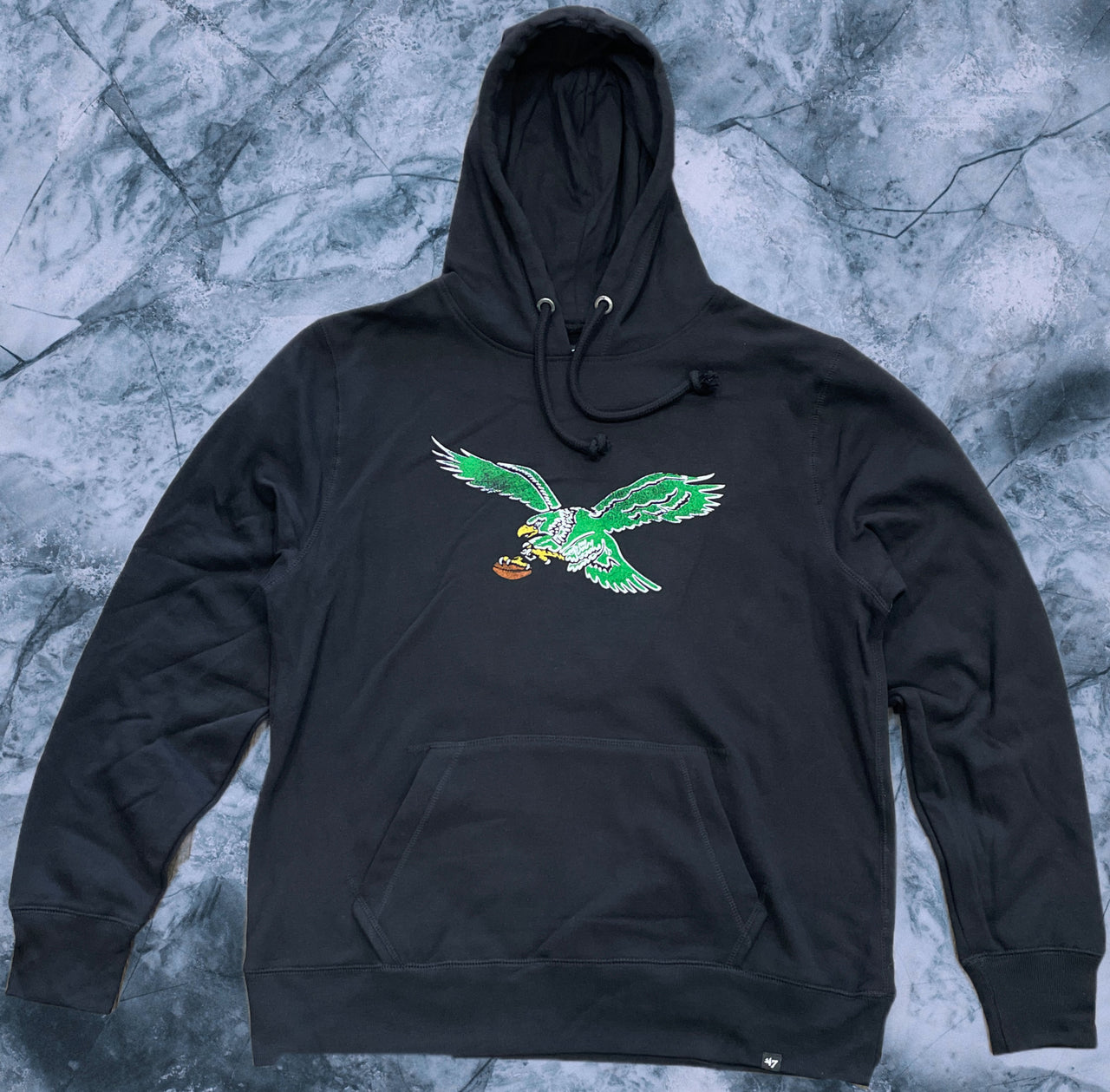 Philadelphia Eagles Throwback Bird Kelly Green Logo Imprint Jet Black Men's Pullover Hoodie