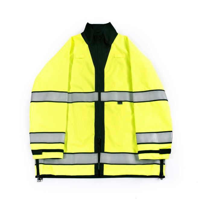 the Police Firemen | Hi Vis Reversible Reflective Rain Coat | Black and Bright Yellow Waterproof Rain Jacket for Policewoman Firewoman has gray stripes and black trim it can be a black jacket also