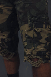 ripped shot on the Men's Ripped Woodland Camo Vintage Distressed Cargo Shorts | Woodland