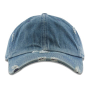 The blank denim distressed baseball cap has an unstructured soft crown and a bent brim