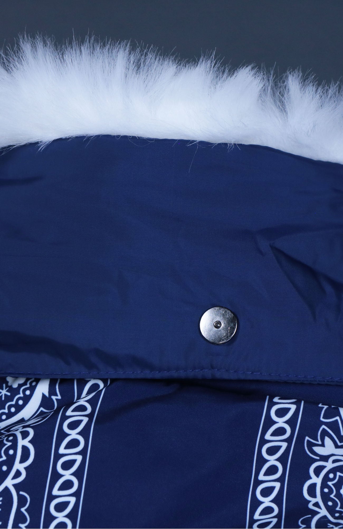 back of the Faux Vegan Hood Navy Bandanna Print Jacket | Classic Paisley Pattern Winter Jacket | Faux Vegan Fur Hood