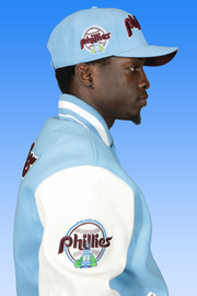 wearer's right of the Philadelphia Phillies Cooperstown Phillies City Hall Logo 1980 World Series Patch Retro Classic Rib | University Blue/White Wool Varsity Jacket